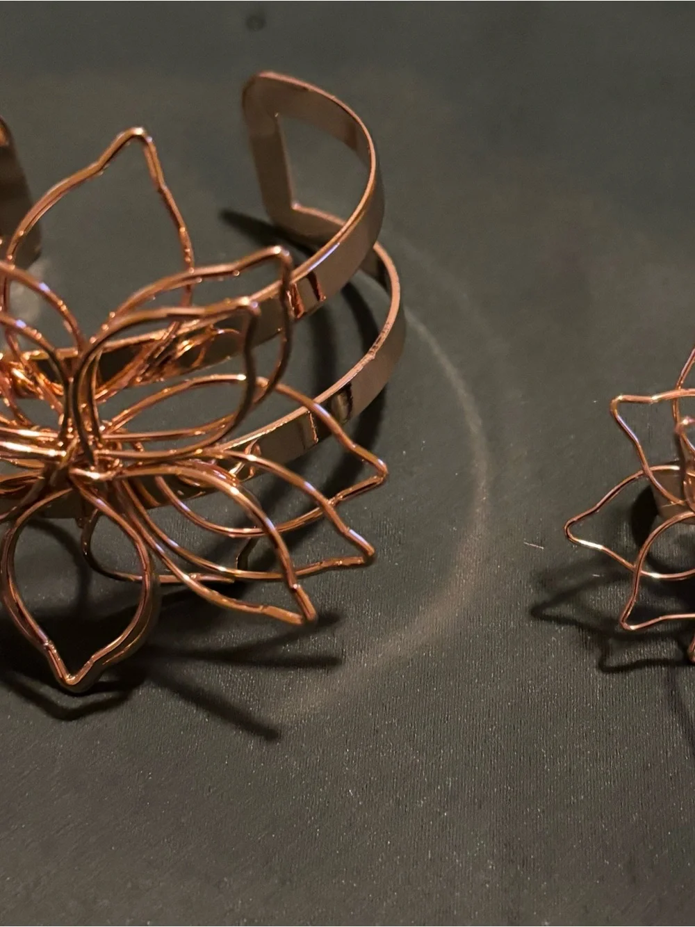 Sterling Silver, Black, and Gold Floral Wire Open Cuff Bracelets  -with ring set